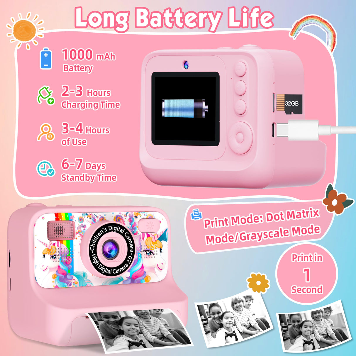 Kids Camera, Upgrade Kids Camera Instant Print, Front Rear Dual Selfie Digital CAM with 1080P Videos, Portable Travel Toy with Games and Music, Christmas Birthday Gift for Boys, Girls and Teens