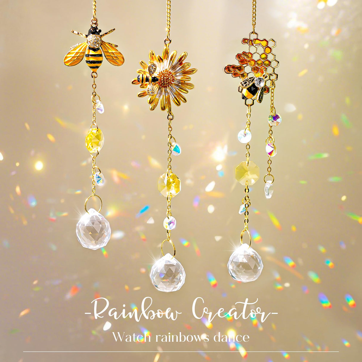 3 Pack Crystal Bee Honeycomb Suncatcher Hanging Window Garden Decor