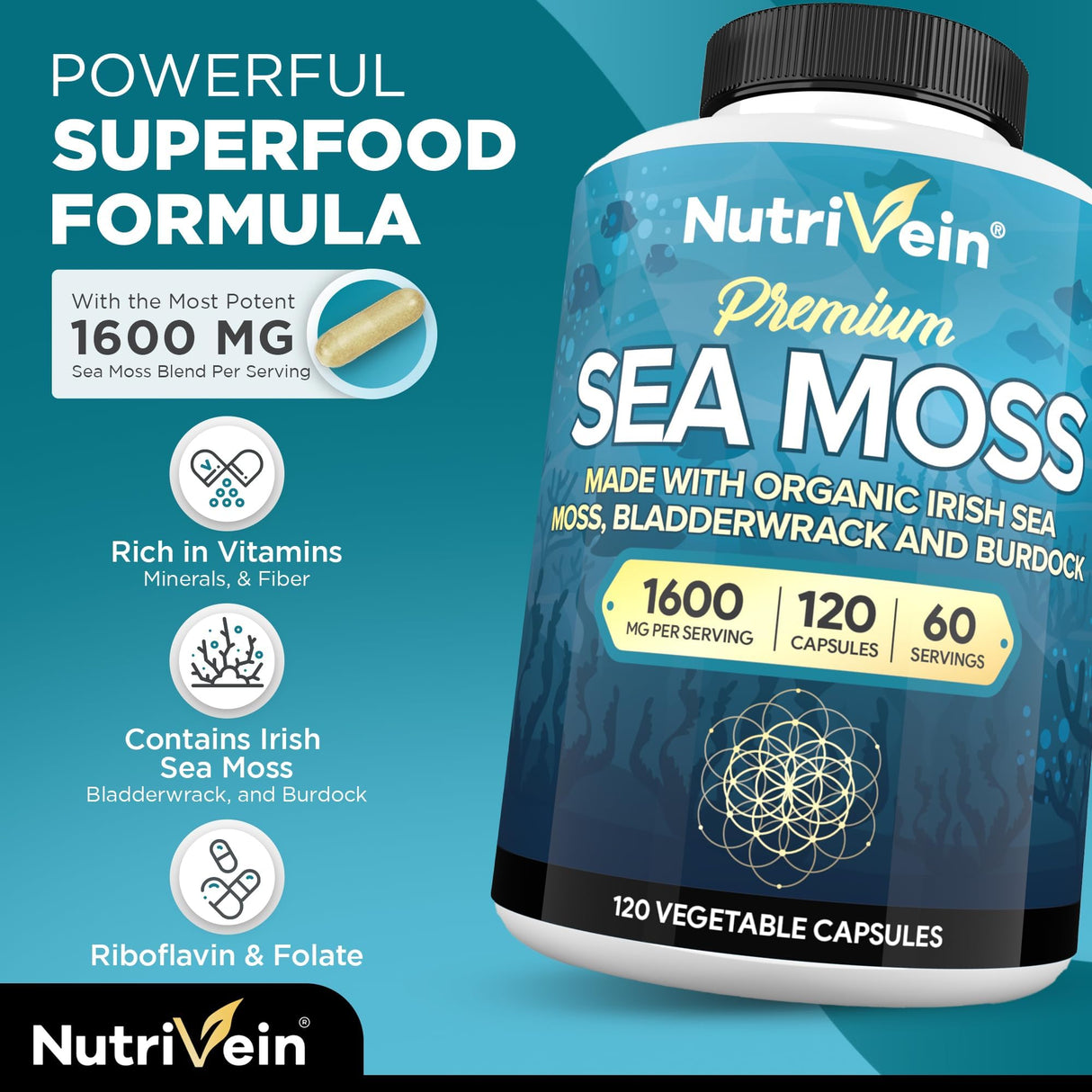 Nutrivein Organic Sea Moss 1600mg Plus Bladderwrack & Burdock - 120 Capsules - Prebiotic Super Food Boosts The Immune System & Digestive Health - Thyroid, Healthy Skin, Keto Detox, Gut, Joint Support