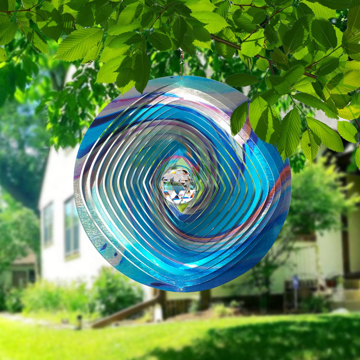 FONMY Mandala Wind Spinner w/Crystal Ball 3D Stainless Steel Hanging Wind Spinner Worth Gift Christmas Decoration Indoor/Outdoor Garden Décor Kinetic Yard Art 12 Inches Multi Blue Wind Sculpture