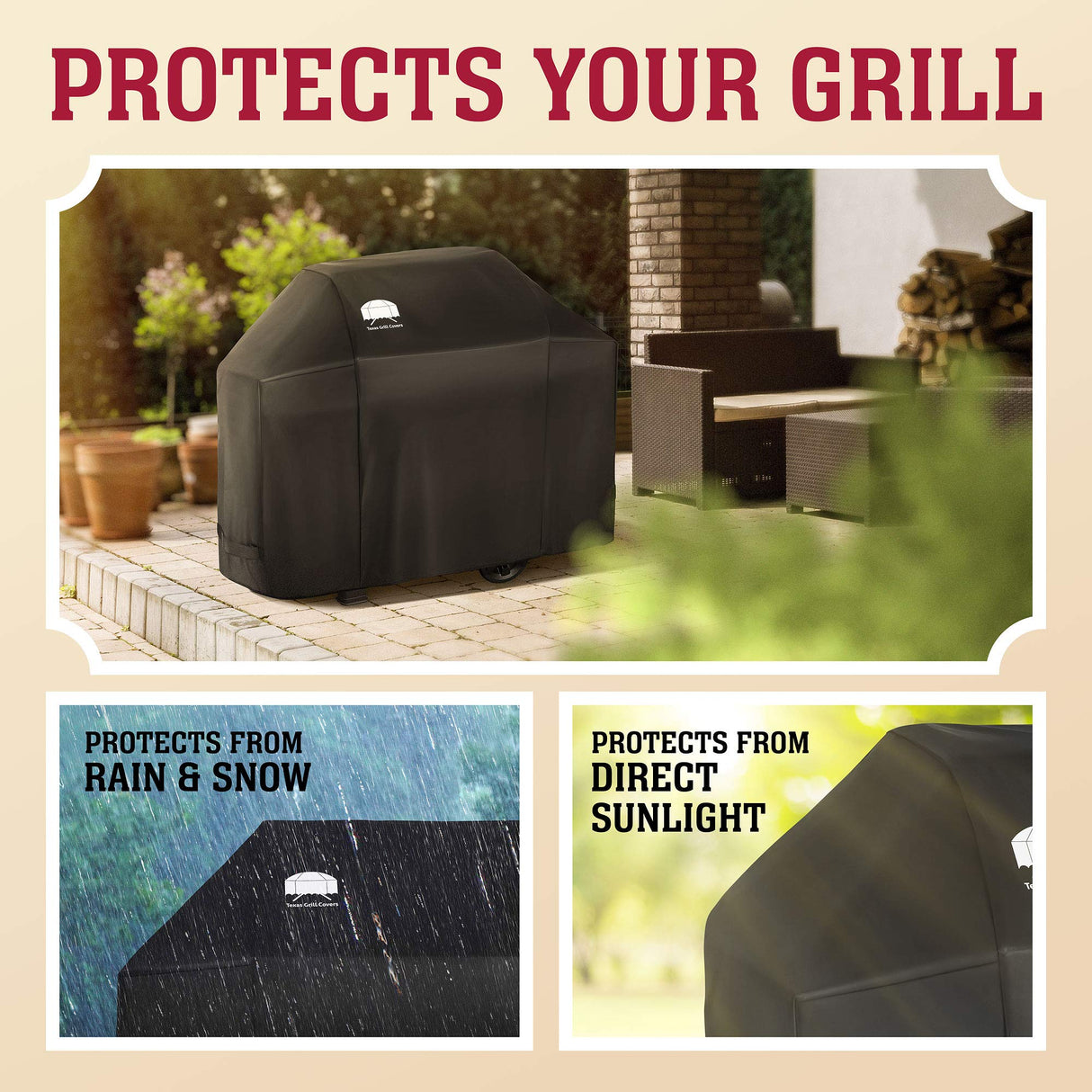 Texas Grill Covers - Grill Cover for Weber Spirit II 300, Sprit 300 and Spirit 200 Series / 7106 - Heavy Duty/Rip-Proof UV Resistant Fabric - Grill Brush and Barbecue Tongs Included- Black