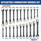 WORKPRO 22-piece Ratcheting Wrench Set with 180° Flex Head, Anti-Slip Tooth, Combination Wrench Sets with Organizer Box, Metric 6-18mm & SAE 1/4-3/4", Black Electrophoretic Coating