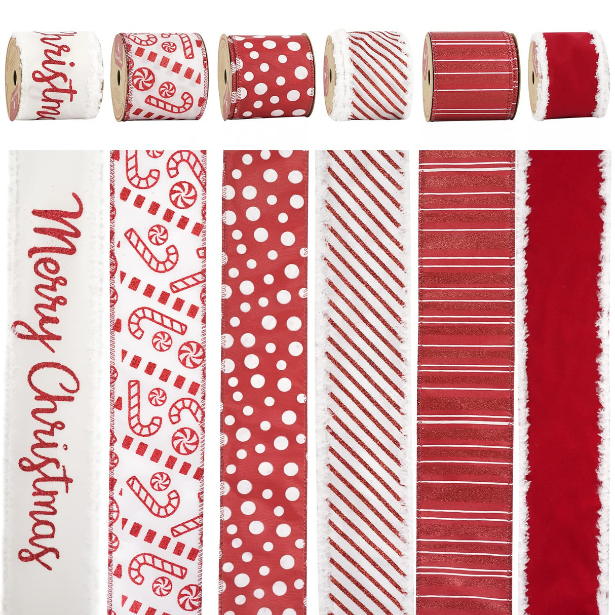 HUIHUANG Christmas Wired Red Christmas Tree Ribbon - 6 Rolls Red and White Candy Cane Ribbon for Tree, Gift Wrapping, Wreath, Garland, Home Decor (2.5" Width, 36 Yards Total)