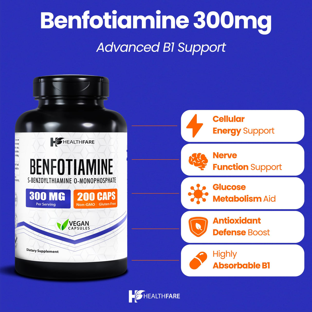 Healthfare Benfotiamine 300mg | 200 Capsules | Fat Soluble Thiamine Vitamin B1 | Supports Overall Health | Non-GMO | Gluten Free (2-Pack)