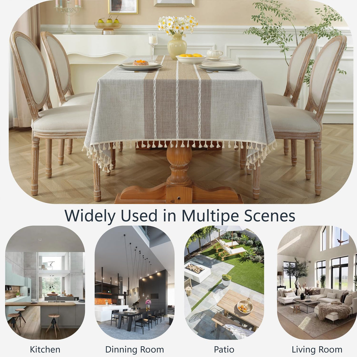 Alsoo Tablecloths Rectangular, Linen Tablecloth with Tassel, Fall Table Cover Wrinkle Free 6-8 Seats for Parties, Kitchen Dining, Holiday, Christmas, Coffee Lines, 55 x 90 Inches