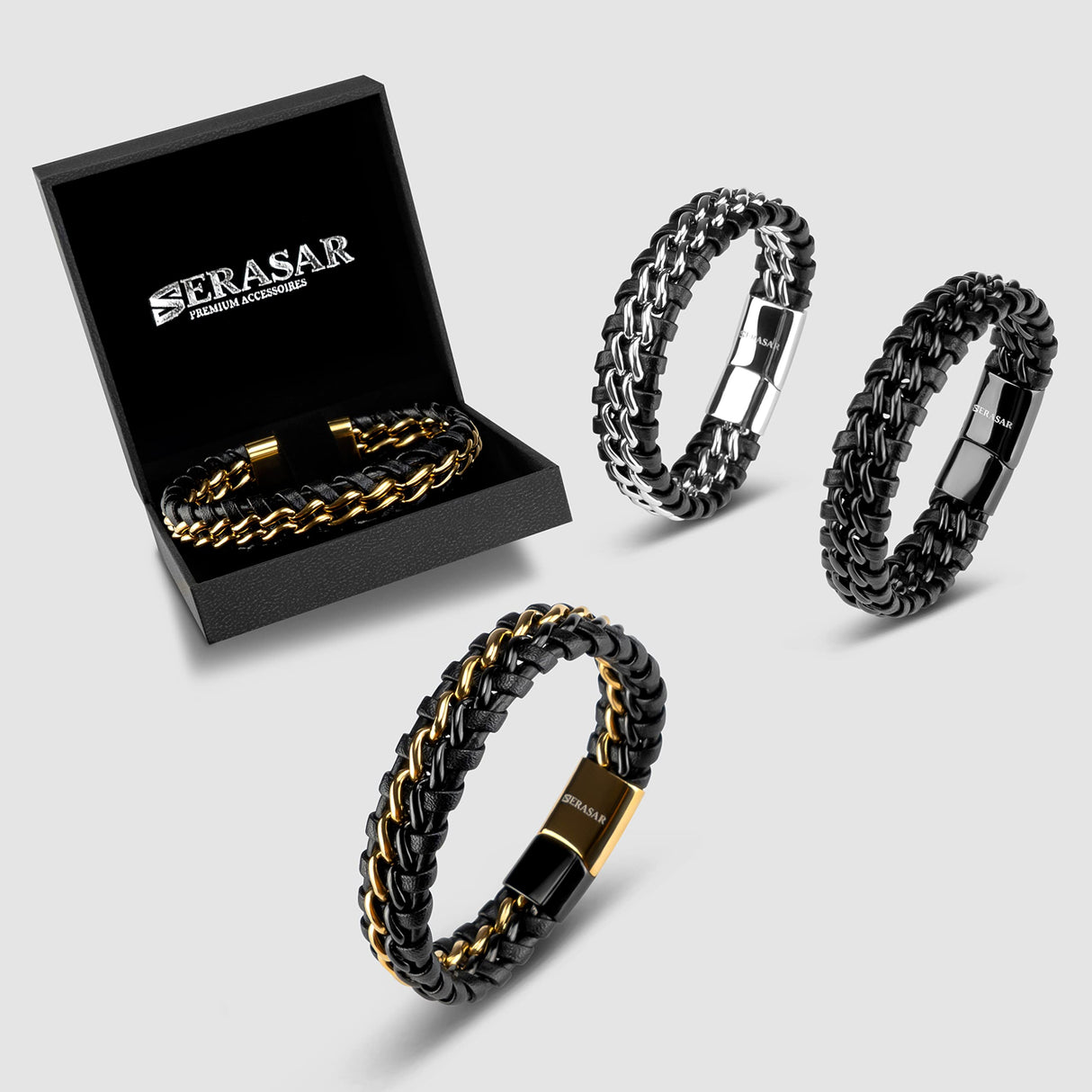 SERASAR Bracelets for Men 20cm Gold Gift Box Genuine Leather Cowhide Braided Adjust Able Magnetic Clasp Multi Layer Jewellery Rope Man Mans Male Mens Band Jewelry Accessories