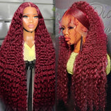 99j Burgundy Lace Front Wigs Human Hair 30 Inch 200 Density 13x6 Deep Wave Lace Front Wigs Human Hair Pre Plucked Red Curly Human Hair Wig HD Frontal Glueless Colored Wet And Wavy Loose Deep Wave