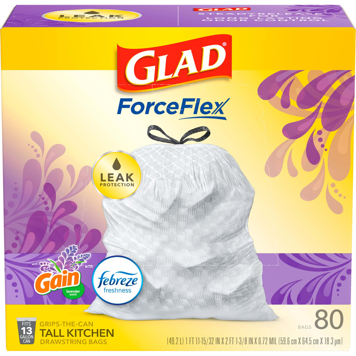 Glad Tall Kitchen Trash Bags 13 Gallon, Gain Lavender Garbage Bags, Odorshield with Drawstring, 80 Count