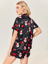 Ekouaer Womens Silk Satin Pajamas Set Short Sleeve Sleepwear Button Down Loungewear 2 Piece Pjs Shorts Set Christmas Snowman Small
