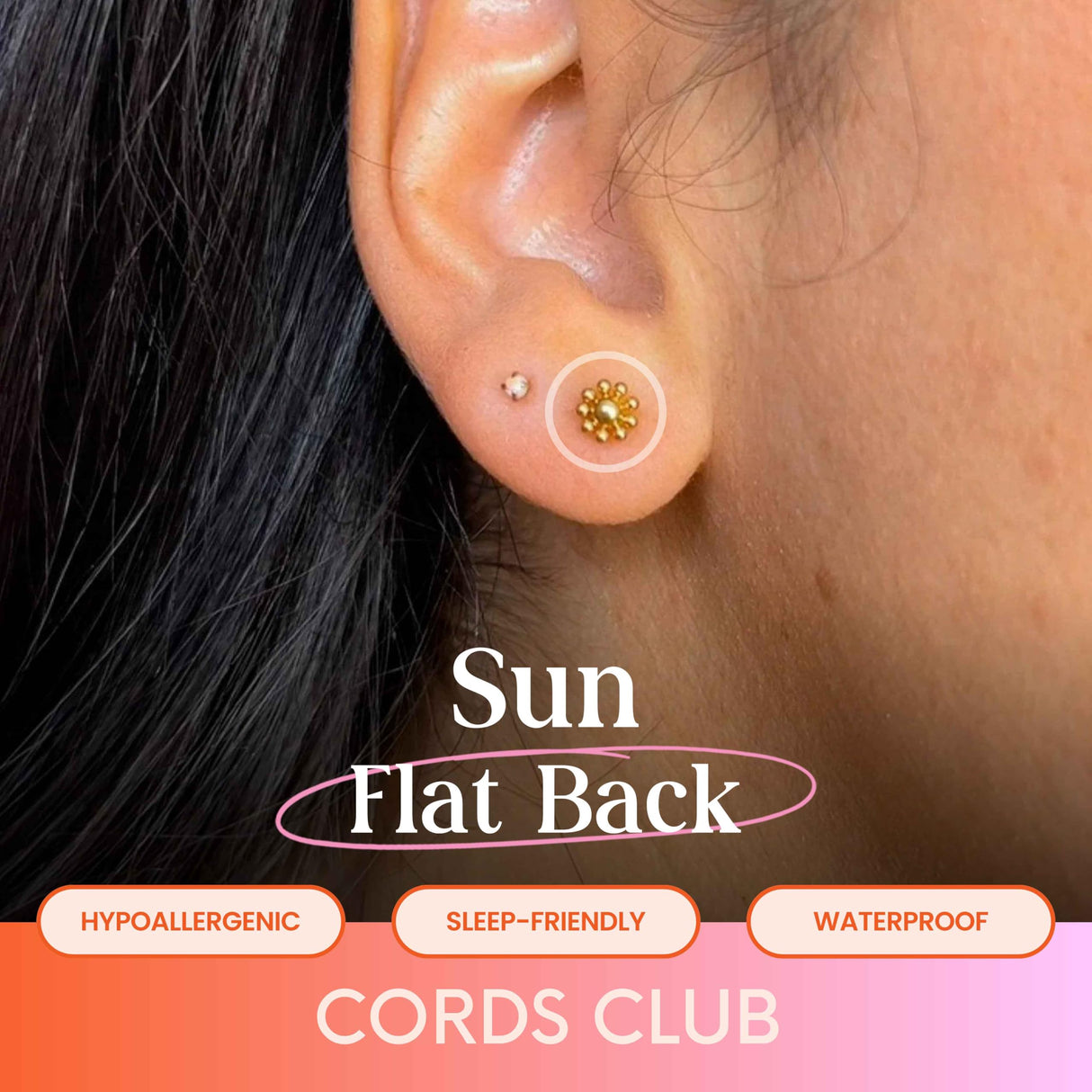 Cords Club Sun Flat Back Stud- Hypoallergenic Titanium Women's Earring