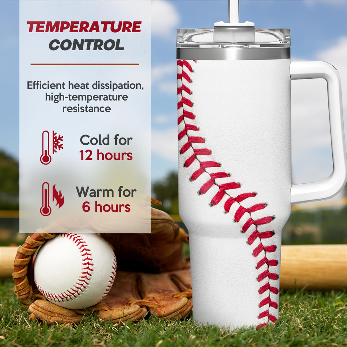 SANDJEST Baseball Tumbler with Handle 40oz, Insulated Stainless Steel Cup with Lid & Straw, Gifts for Men, Boys, Players, Coaches, Sports Lovers, Christmas, Birthday