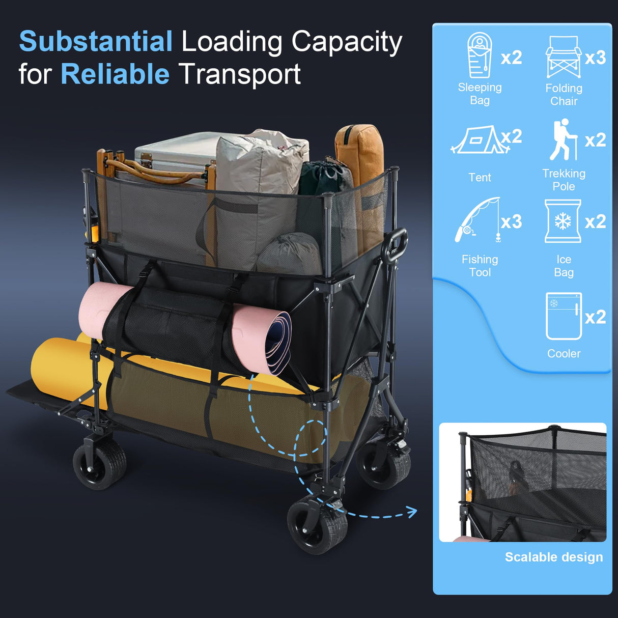 460L Folding Wagon Cart, Heavy Duty Double Decker Wagon, 600 lbs Capacity