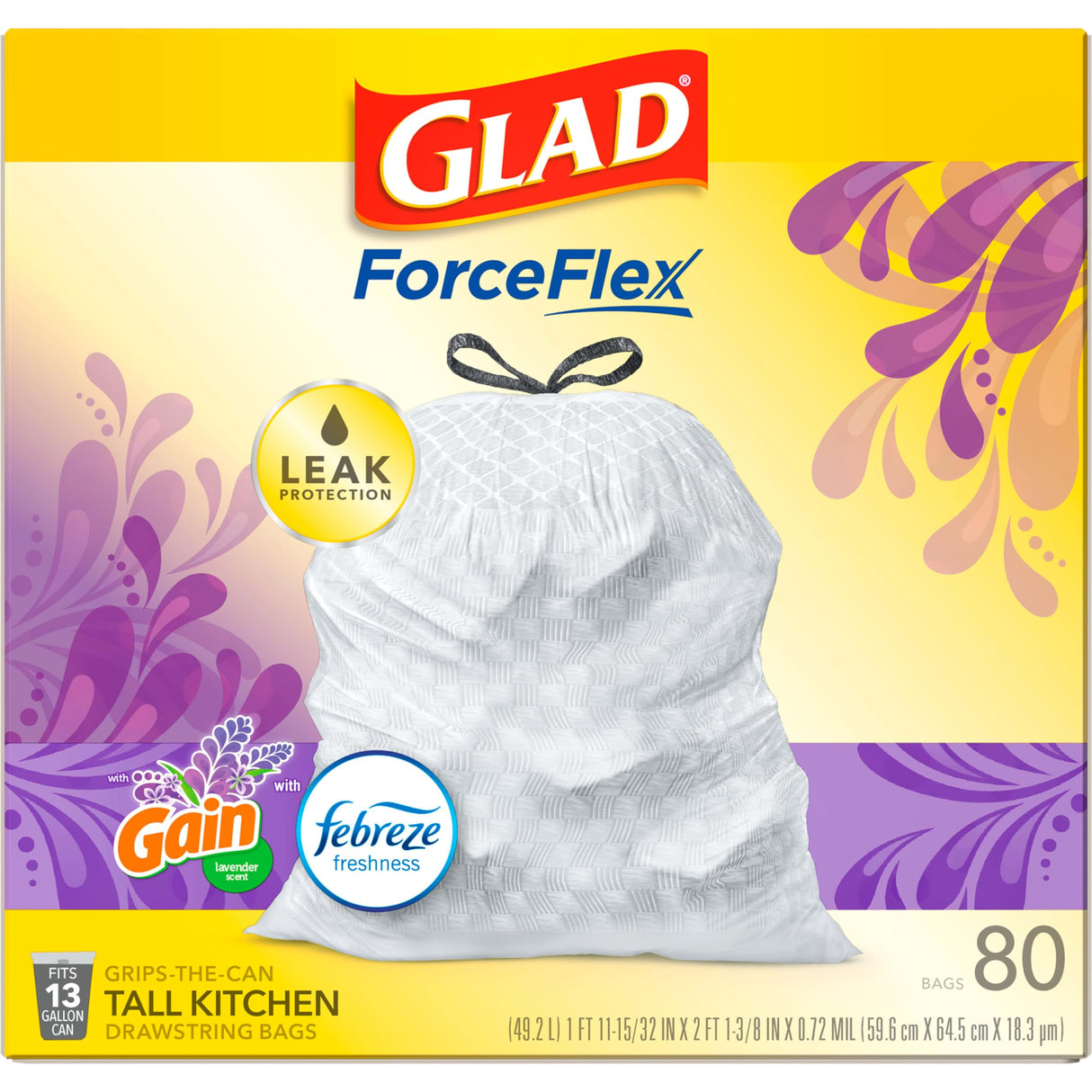 Glad Tall Kitchen Trash Bags 13 Gallon, Gain Lavender Garbage Bags, Odorshield with Drawstring, 80 Count