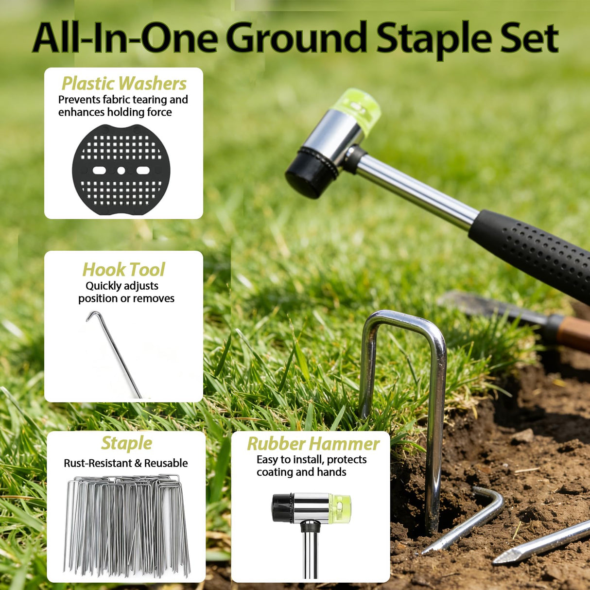 202Pcs Garden Stake Staple kit, 100Pcs 6-inch U-Shaped Landscape Staples, 100 Fixing Gasket, Pick Hook, Rubber Mallet Used for for Weed Barrier Fabric, Ground Cover, Holding Fence and Artificial Turf