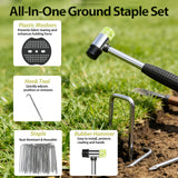 202Pcs Garden Stake Staple kit, 100Pcs 6-inch U-Shaped Landscape Staples, 100 Fixing Gasket, Pick Hook, Rubber Mallet Used for for Weed Barrier Fabric, Ground Cover, Holding Fence and Artificial Turf