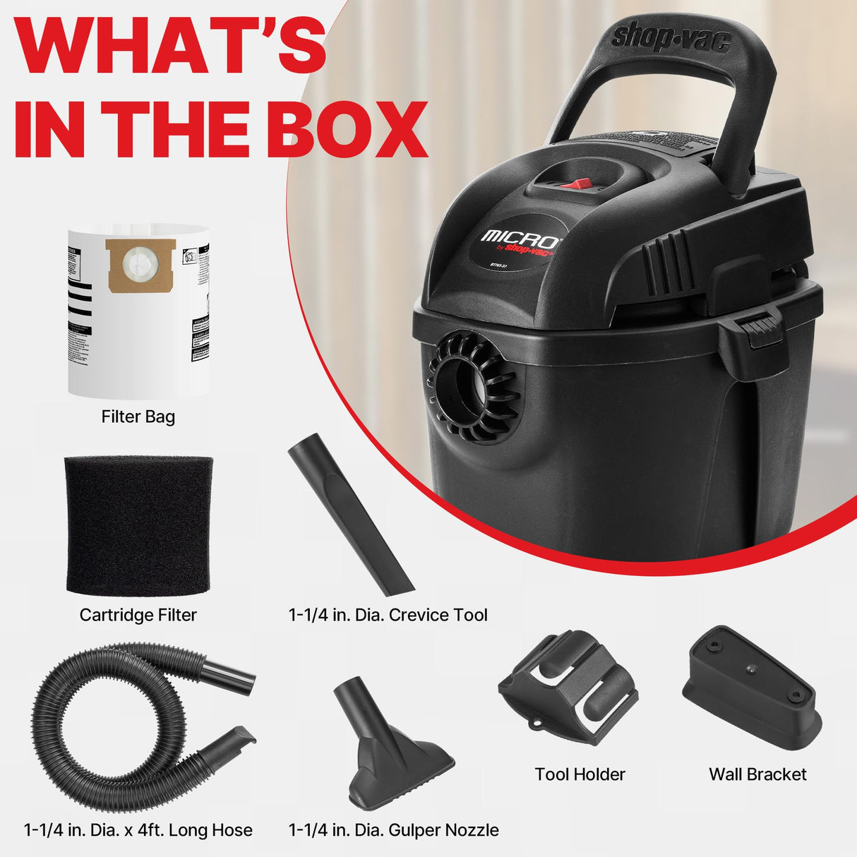 Shop-Vac 2021005 1 Gallon Micro Wet/Dry Vacuum, 1.0 Peak HP, 1.25 Inch Diameter x 4 Foot Hose, 6 Foot Cord, Lightweight and Portable, Quick Wet/Dry Pickup