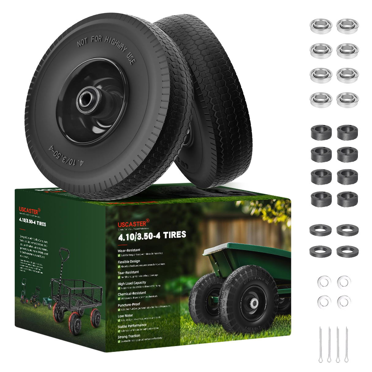 USCaster 4.10/3.50-4 Tire and Wheel Flat Free,10-Inch Solid Wheel Replacement with 5/8 Extra 3/4 &1/2 Bearings,2.2" Offset Hub -Compatible with Hand Truck,Wheelbarrow,Dolly(Wave,Black)