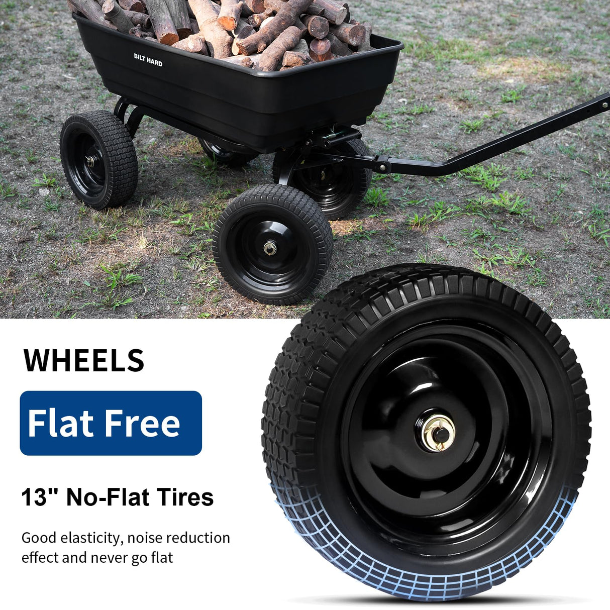 BILT HARD 7 Cu Ft Poly Garden Dump Cart 1200 lbs with No Flat Tires, Quick Release, 2-in-1 Convertible Handle, Dump Wagon Heavy Duty for Yard, Outdoor