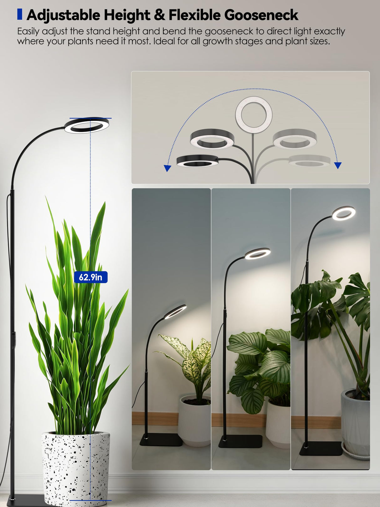 GLOWRIUM Grow Lights for Indoor Plants, Full Spectrum LED Grow Light Floor Lamp with Stand Adjustable Height and Angle, Black Plant Light with 3/9/12H Grow Light Timer (Black, Single Head)