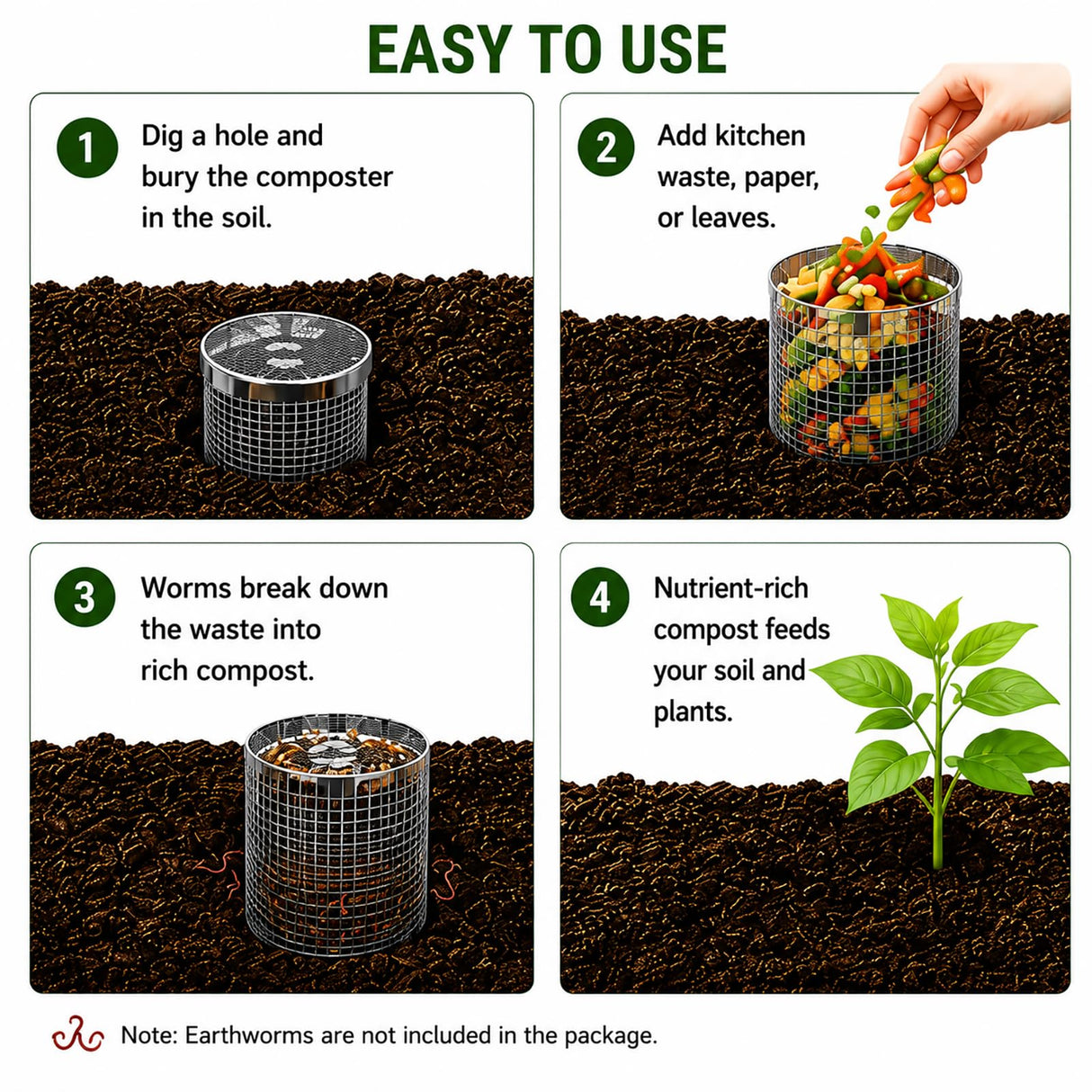 4PCS Inground Worm Composting Bin Turn Food Waste into Nutrient-Rich Soil Increase Soil Fertility Stainless Steel Composting Bin with Holes and Lid for Outdoor Garden Vegetable Patch Backyard