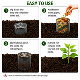 4PCS Inground Worm Composting Bin Turn Food Waste into Nutrient-Rich Soil Increase Soil Fertility Stainless Steel Composting Bin with Holes and Lid for Outdoor Garden Vegetable Patch Backyard