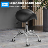 BEWISHOME Saddle Stool with Wheels, Swivel Adjustable Rolling Stool,Heavy Duty PU Leather Wide Thick Seat Padding Ergonomic Chair for Beauty Salon Spa Clinic(Black) BMD01B