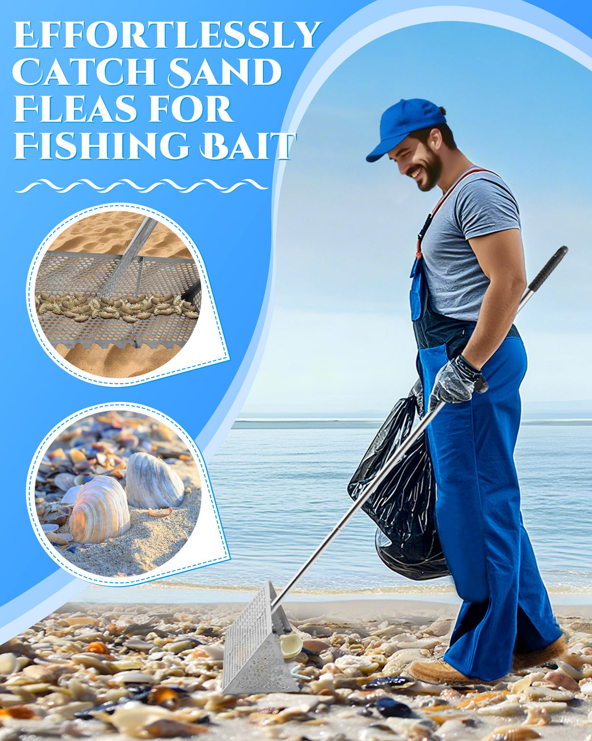 Sand Flea Rake 16" Wide - Detachable 54" Handle with Shark Tooth Screen - Steel Beach Rake for Fishing Bait, Shelling, Yard Cleaning