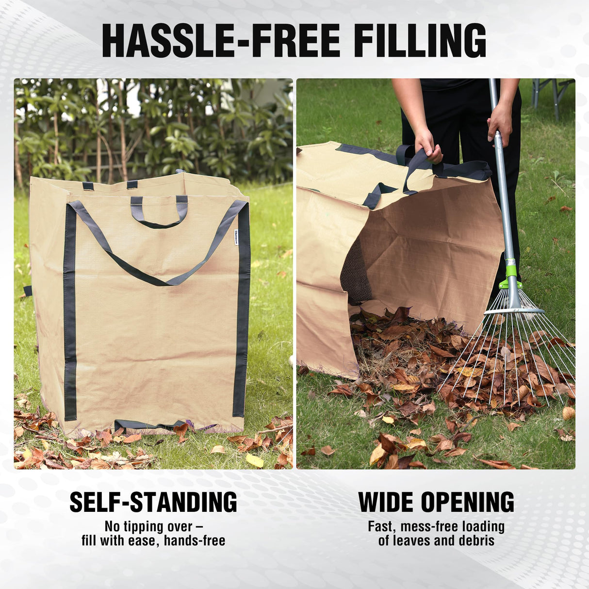 WORKPRO Heavy Duty 72-Gallon Reusable Yard Waste Bags, 3 Pack Self-standing Leaf and Lawn Bags with Reinforced Handles, Garden Waste Bags for Debris, Leaves, Grass, and Outdoor Recycling, Light Tan