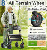 HOMLAND Walkers for Seniors with Seat, Foldable Rollator Walker, Reinforced Aluminum Frame, 8" Big Rubber Wheels for All Terrain, Height Adjustable Lightweight Rolling Walker