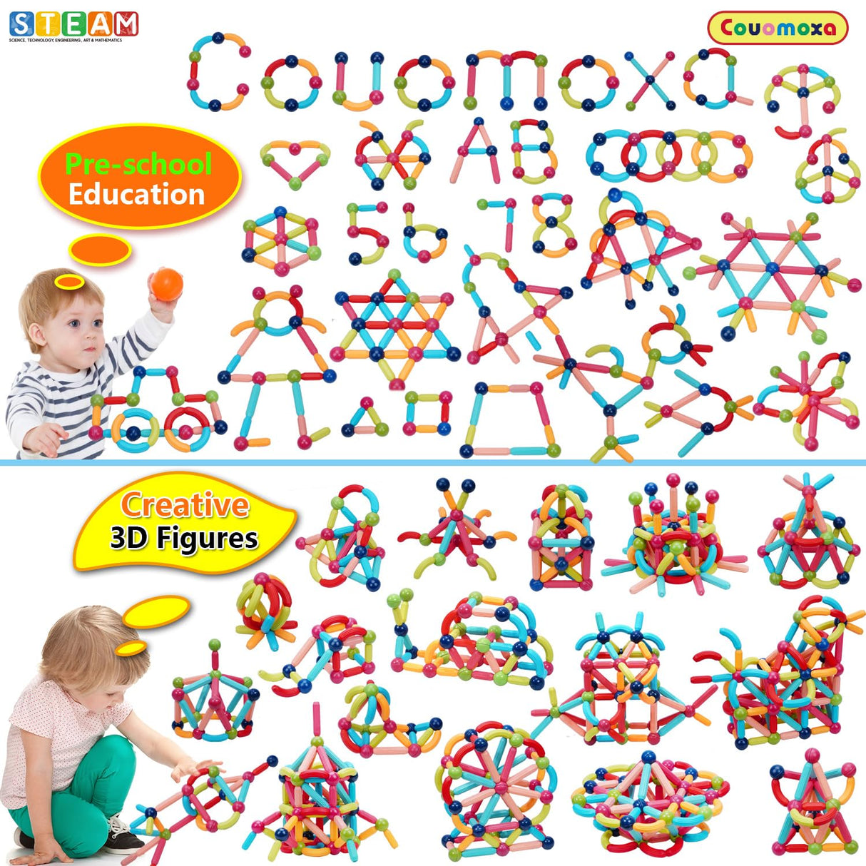 COUOMOXA Magnetic Toy Montessori for Kids: 3 4 5 6 7 8 9 10 11 12 Years Old Kids Building Sticks - Magnetic Creative Toy Age 3-12 Playroom Family - Christmas Birthday Gift for Boys Girls