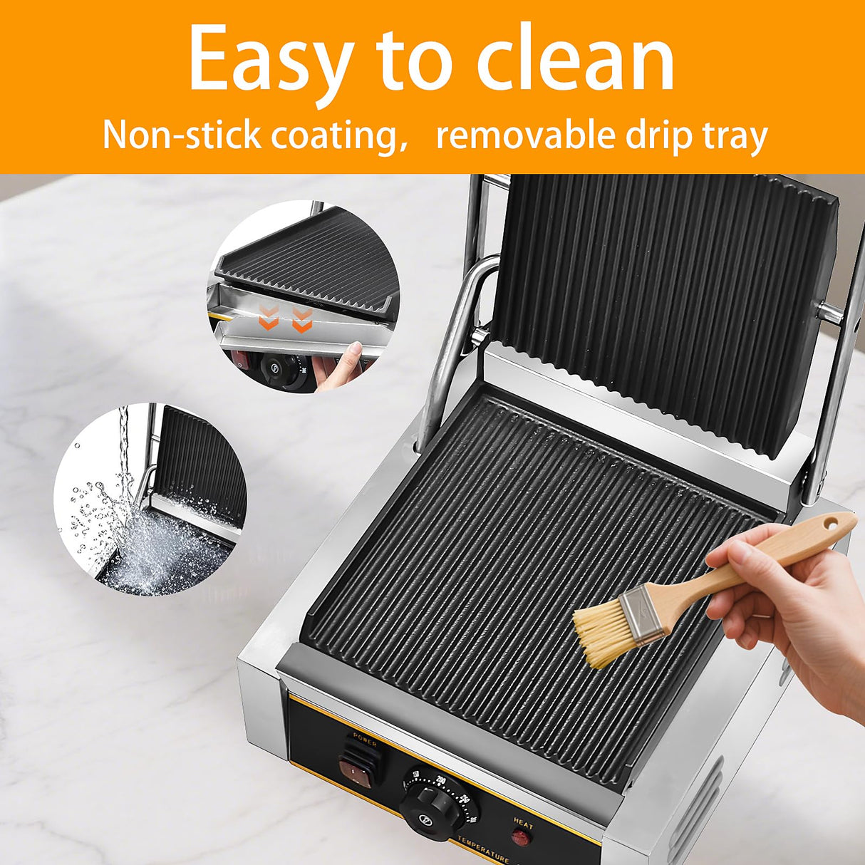 HTTSICHI Commercial Panini Press - 1800W Commercial Electric Panini Sandwich Grill w/Nonstick Coating & Adjustable Temp, Panini Grill Press w/ 9" x 9" Cooking Pan, Double-sided Heating
