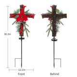 SOWSUN Solar Christmas Decorations Outdoor LED Lights, Xmas Waterproof Cross Stake, Cemetery Grave Decorations,Faux Pine Cones and Foliage Ornament Stakes for Garden Lawn Yard Cemetery, Set of 2