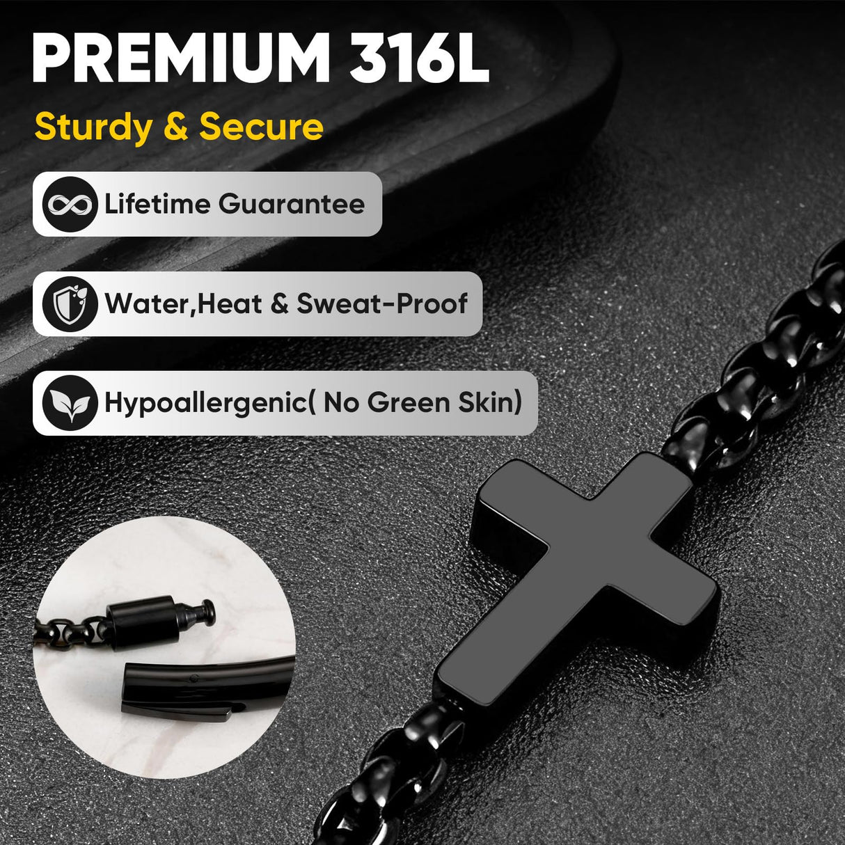 Cross Bracelet for Men,Christian Cross Link Chain,Stainless Steel Bracelets Rolo Chains,Non Tarnish Black Mens Faith Bracelet,Religious Catholic Jewelry Gifts Idea for Boyfriend Dad Son Husband,8.26in
