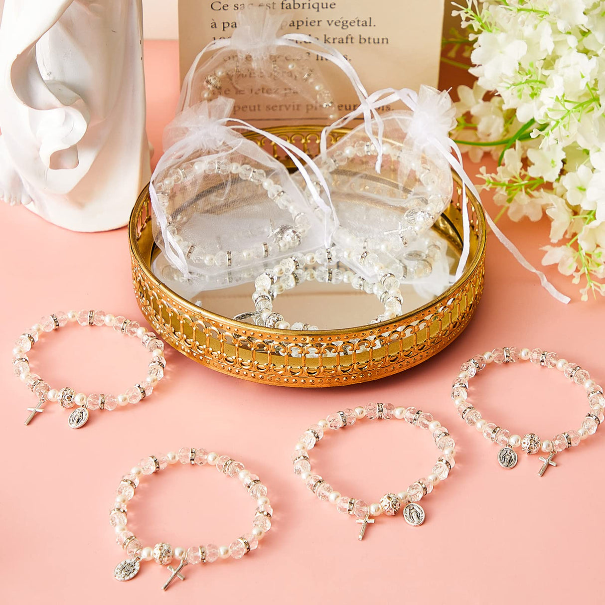 Taiyin 12 Pcs Rosary Bracelet Bulk with Mesh Bags, White Religious Rosary Bead Bracelet Catholic Bracelets, Baptism First Communion Gifts for Women (Silver)
