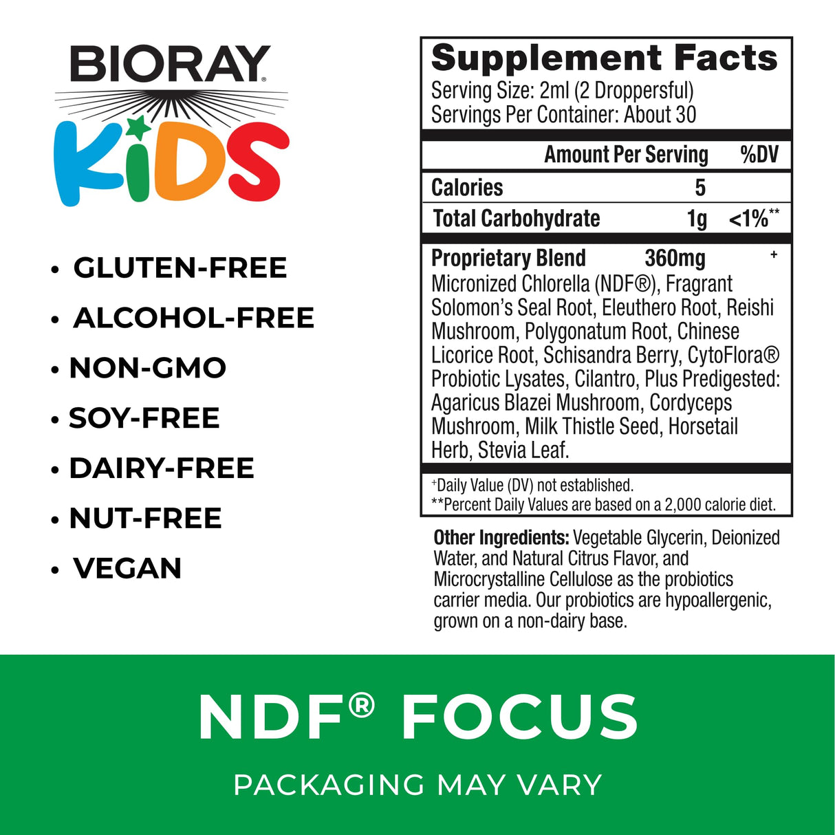 BIORAY Kids NDF Focus, Citrus - 2 fl oz - Supports Cognitive Function, Enhances Clarity & Promotes Steady Energy Levels - Non-GMO, Vegetarian, Gluten Free - 1-2 Month Supply