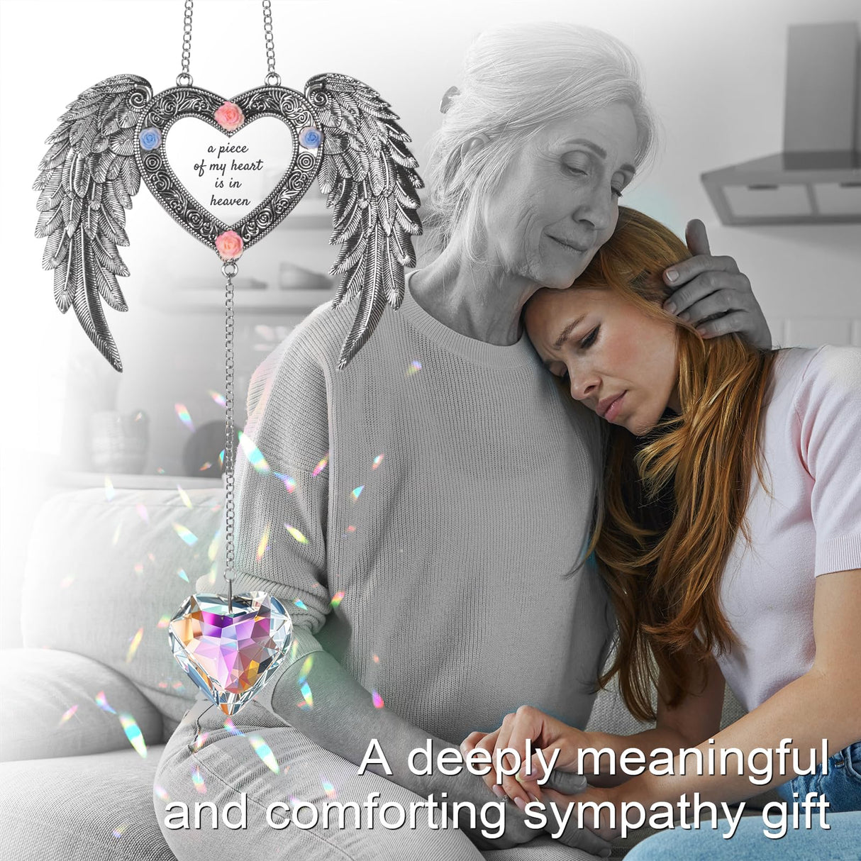 Sun Catcher Memorial Gifts A Piece of My Heart is in Heaven,Heavenly Wings Sympathy Gift for Loss of Loved One, Crystal Suncatcher for Windows, Bereavement & Grief Gift for Women, Remembrance Decor
