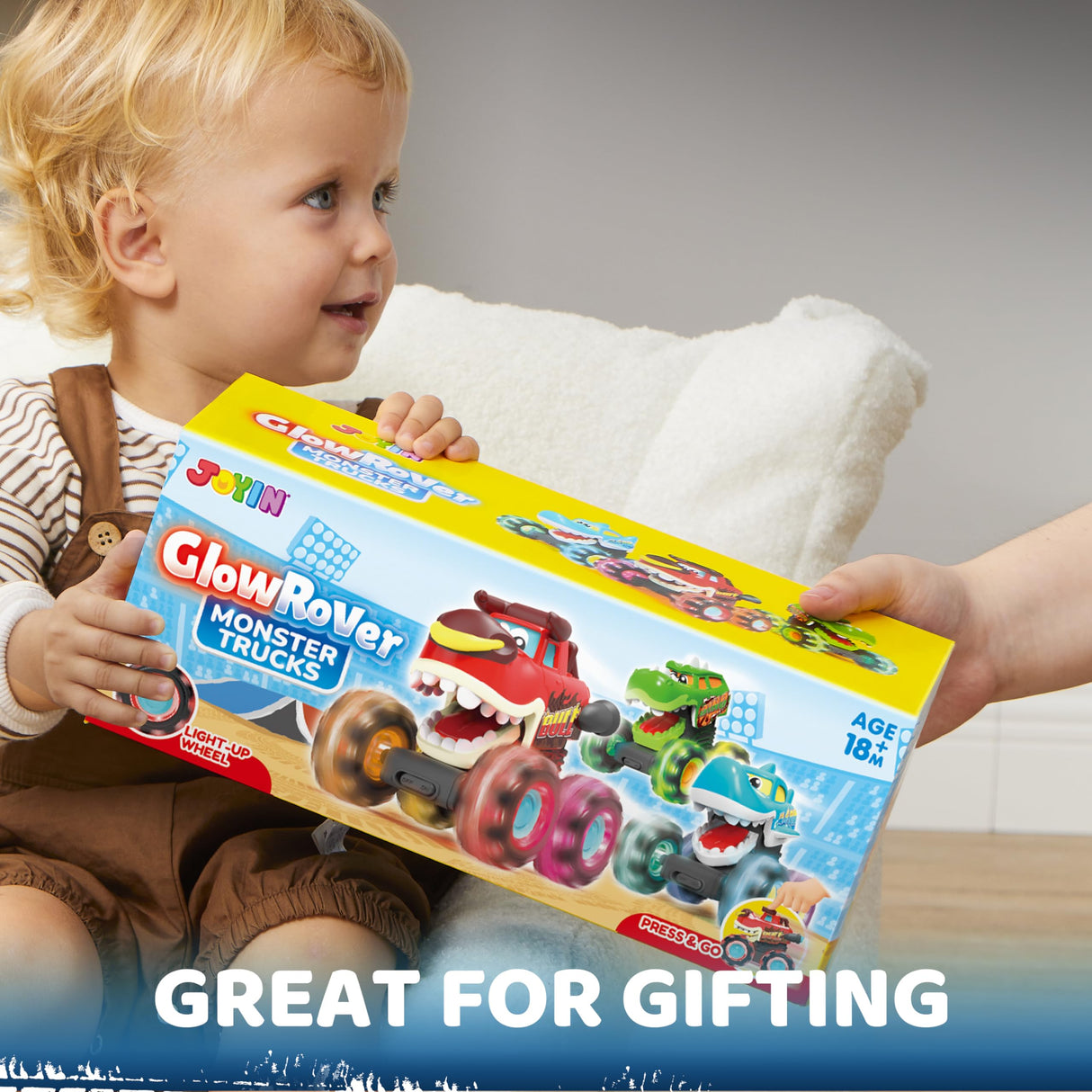 JOYIN 3 Pack Monster Truck Toy - Motion Activated Light-Up Cars for Toddlers - Monster Treads Lightning Wheels - Baby Toy Trucks - Press & Go Cars for Kids Boys Birthday Gifts for Christmas