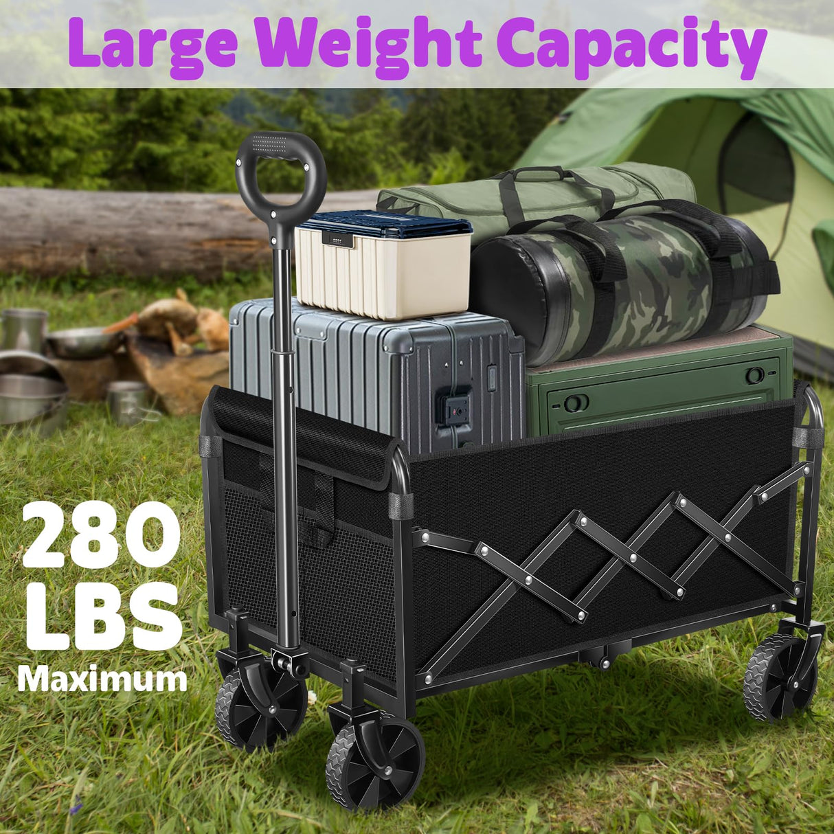 Wagons Carts Foldable,280 LBS Large Capacity Foldable Wagon Cart Collapsible Wagon with Wheels & Drink Holders,Utility Folding Cart for Camping Garden Beach Picinic Grocery Outdoor Shopping(Black)