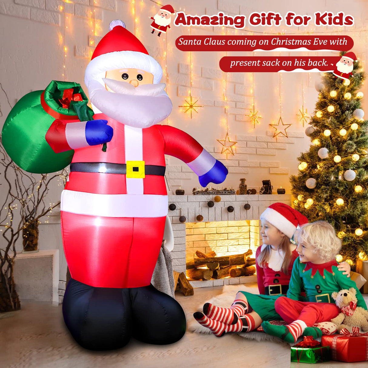 8 FT Christmas Inflatables Santa Claus Outdoor Decorations, Blow Up Santa Claus with Gifts Bag, Big Santa Carrying Presents Sack, Built-in LED Light, Xmas Outside Decor for Front Back Yard Garden Lawn