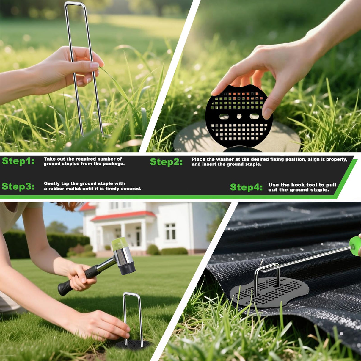 YACOO 6 Inch Landscape Staples Set, 11 Gauge Galvanized U-Shaped Garden Stakes (100 Pack) with 100 Gaskets, Hook Tool & Rubber Mallet for Weed Fabric & Landscaping