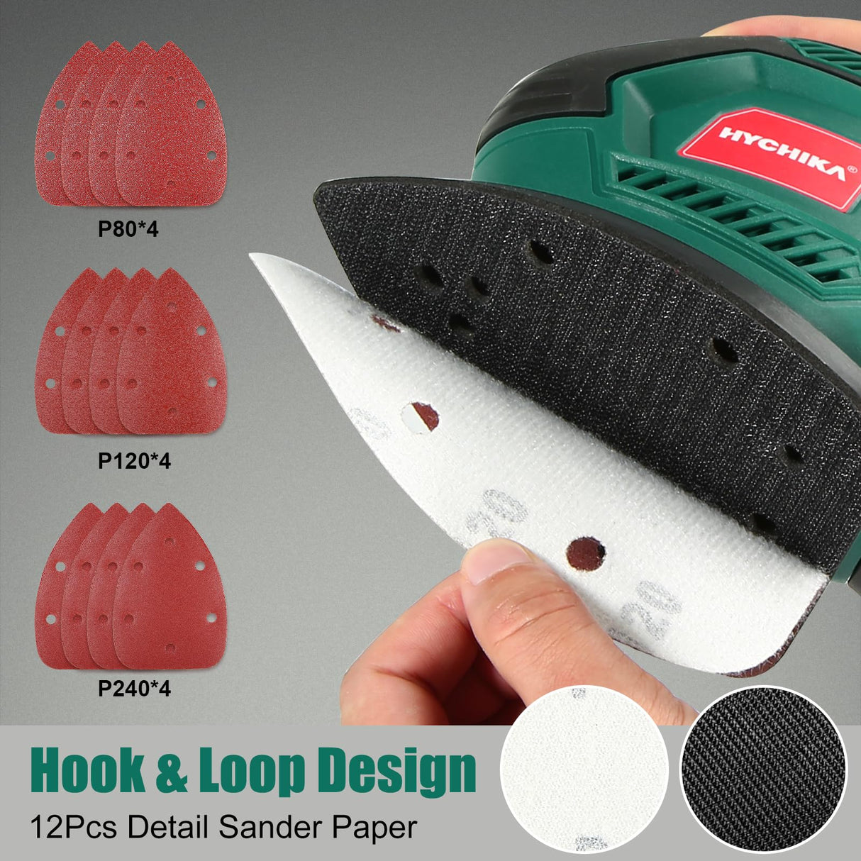 HYCHIKA Detail Sander, 14,000 OPM Compact Electric Sander Tool with 12 Pcs Sandpapers,Efficiency Dust Collection System,Suitable for Tight Spaces Sanding,Polishing,Removing Paint in Home Decoration
