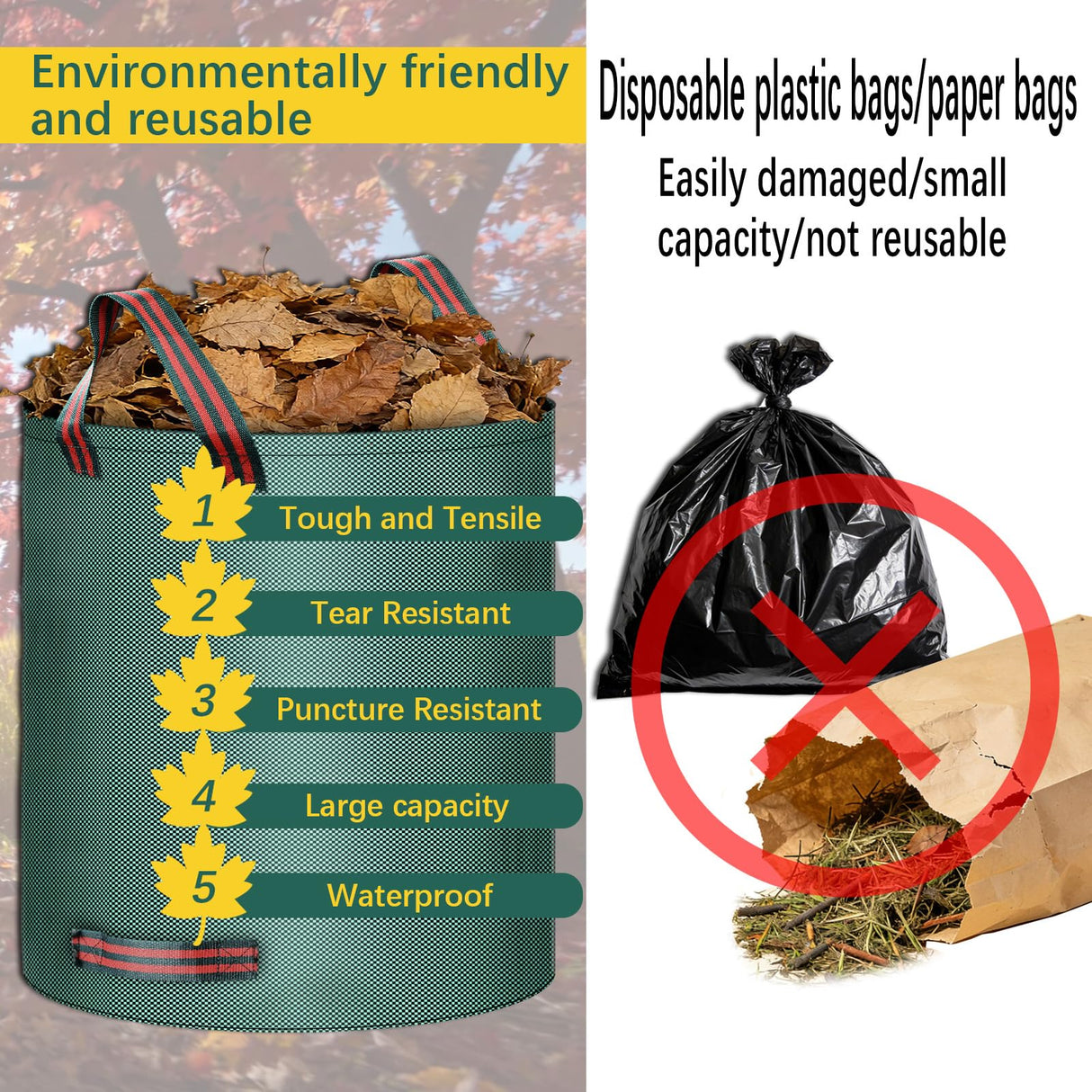 3 Pack 72 Gallon leaf collector bag lawn bags,leaf bags Heavy duty reusable,Gardening gloves included,Suitable for camping, yards, and recycling; can Cleaning debris, leaves, grass clippings