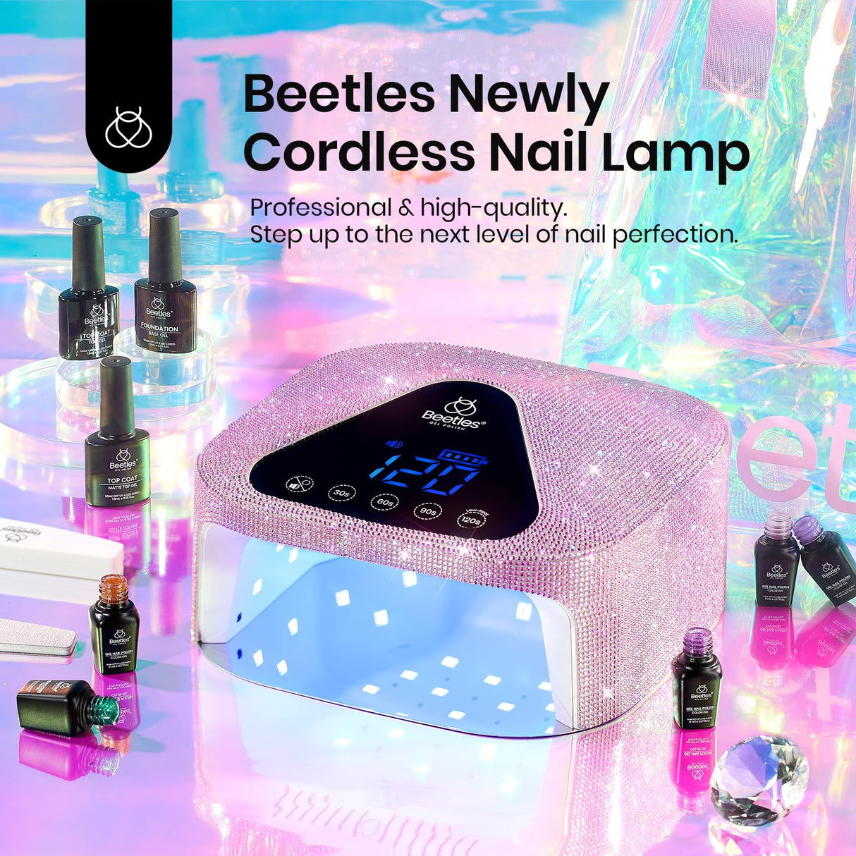 Beetles Uv Nail Lamp Cordless, Flash Cure Lamp for Gel Nails Polish Rechargeable Nail Lamp with 4 Modes Professional Low Heat Uv Led Lamp Nail Art Tools with Bag Manicured Gifts for Her