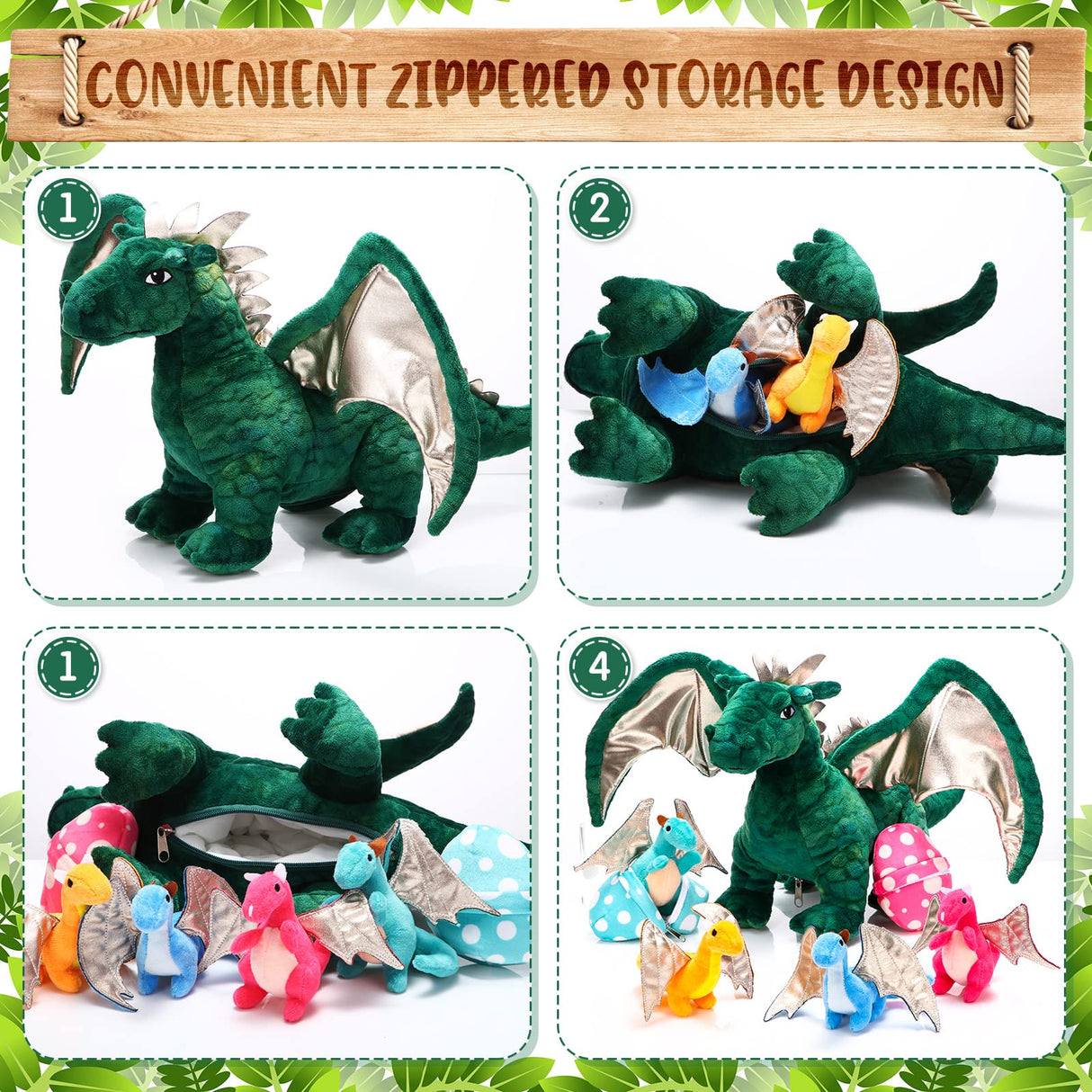 Deekin 7 Pcs Dragon Toy Set 16 Inch Large Dragon Stuffed Animal with 4 Baby Plush and 2 Eggs in Mommy's Belly Dinosaur Plushies Gifts for Boys Girls Birthday Christmas(Cute Style)