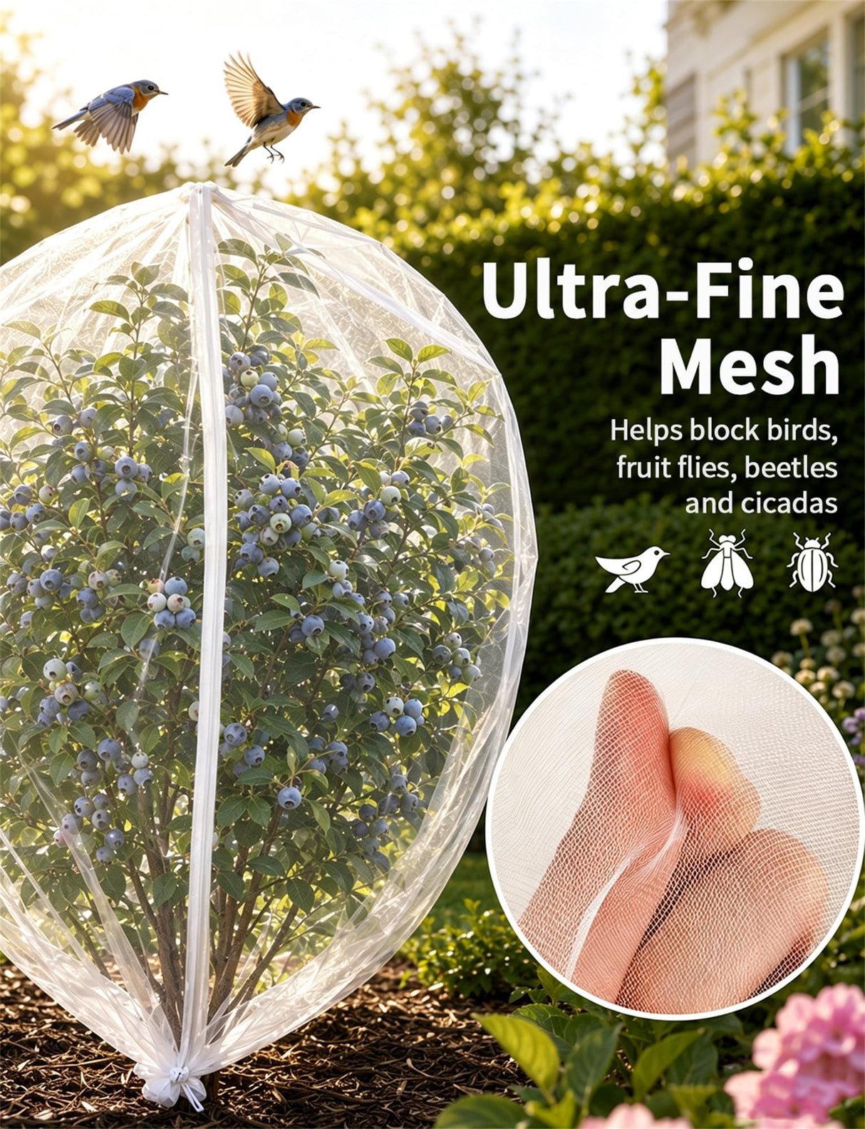 Garden Bird Netting for Insects, 2 Pack 5x3.28ft, Fruit Tree Netting with Zipper & Drawstring, Ultra Dense Mesh Plant Covers for Blueberry Tomato Cherry Peach Apple Trees Pest Barrier (5x3.28FT)