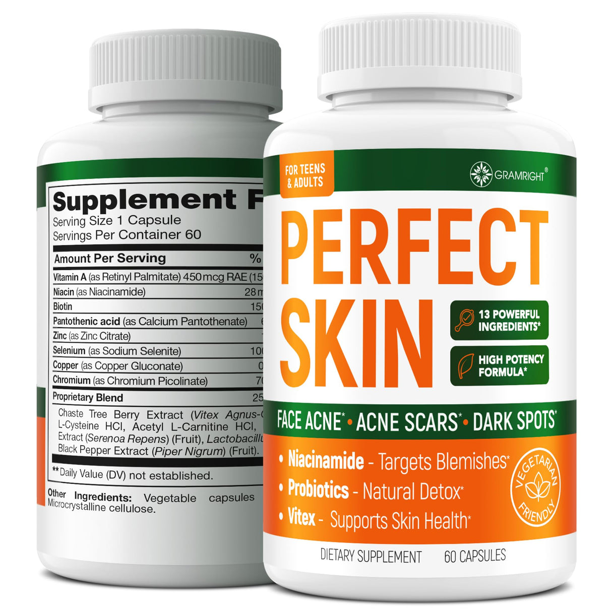 Perfect Skin Acne Capsules – Niacinamide, Biotin, Vitamin A & Probiotics for Teens & Adults – 13 Powerful Ingredients for Face Acne, Acne Scars & Dark Spots – 60 Vegan Capsules, Made in the USA