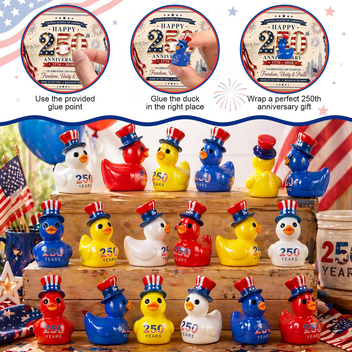 Skylety 36 Pcs Patriotic Mini Ducks 4th of July Independence Day Party Decor 250th Anniversary Red White Blue Ducks with Glue Points Garden Potted Miniature Cake Decoration Craft Patriotic Collectors