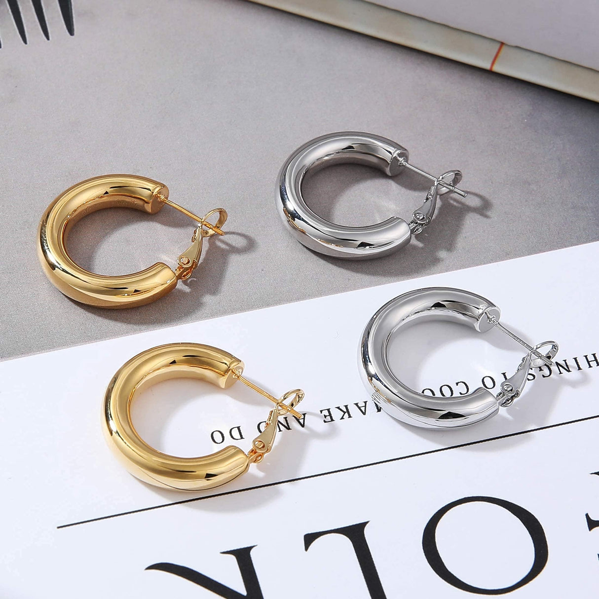 sovesi Chunky 14K Gold Plated and Silver Thick Hoops Earrings Set 30mm