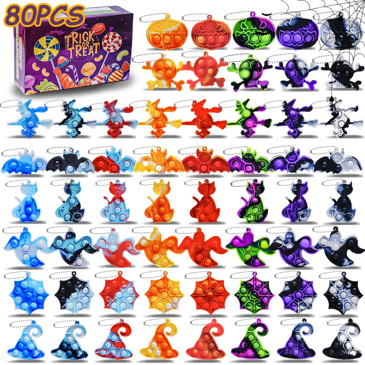 ZEAYOU 80Pcs Halloween Party Favors for Kids, Halloween Fidgets Toys with Mini Pop Keychain, Halloween Fidget Sensory Pop Toys, Classroom Prizes Box, Treasure Chest Treat Bags Gifts, Stress Relief