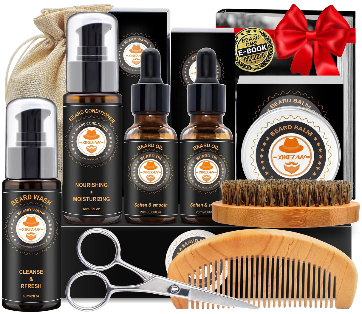 XIKEZAN Beard Kit for Men Grooming & Care w/Beard Conditioner, Wash, Oil, Balm, Brush, Comb,Fathers Birthday Valentines Gifts for Men Him Dad Husband Boyfriend Christmas Stocking Stuffers